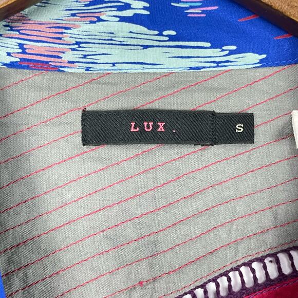 LUX | NWOT Blue Colorful Print Flowy Silk Neck Tie Long Sleeve Mini Tunic Dress - Picture 4 of 5